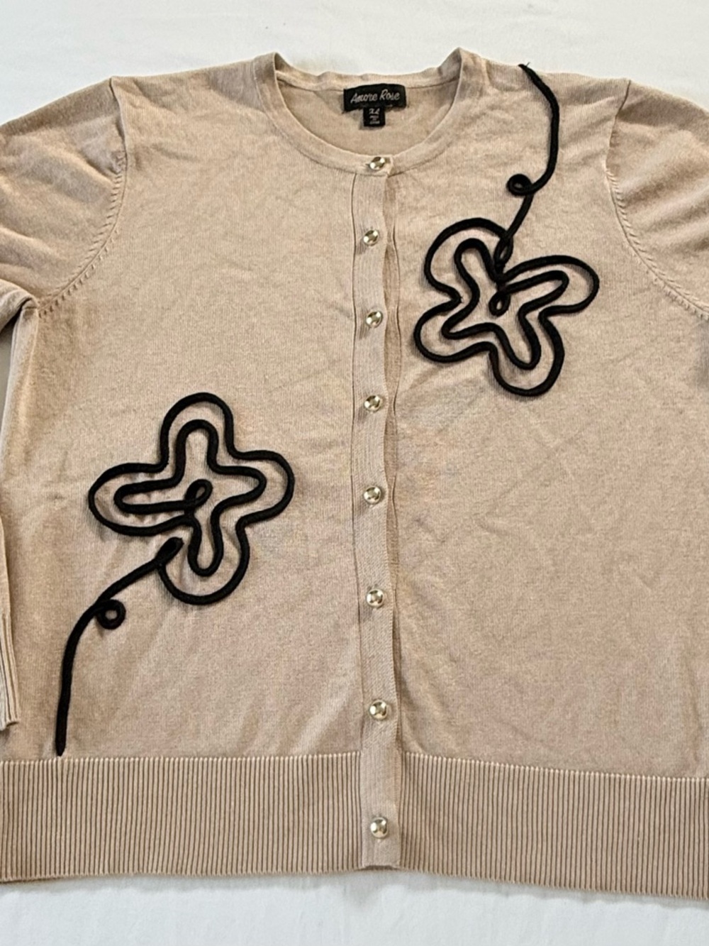 Amore Rose Women’s Beige Button Up Cardigan Black Floral Soutache Design Size XL
